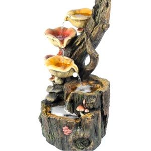 Luxen Home WHF793 Cement Tree Stump & Mushrooms Outdoor Fountain